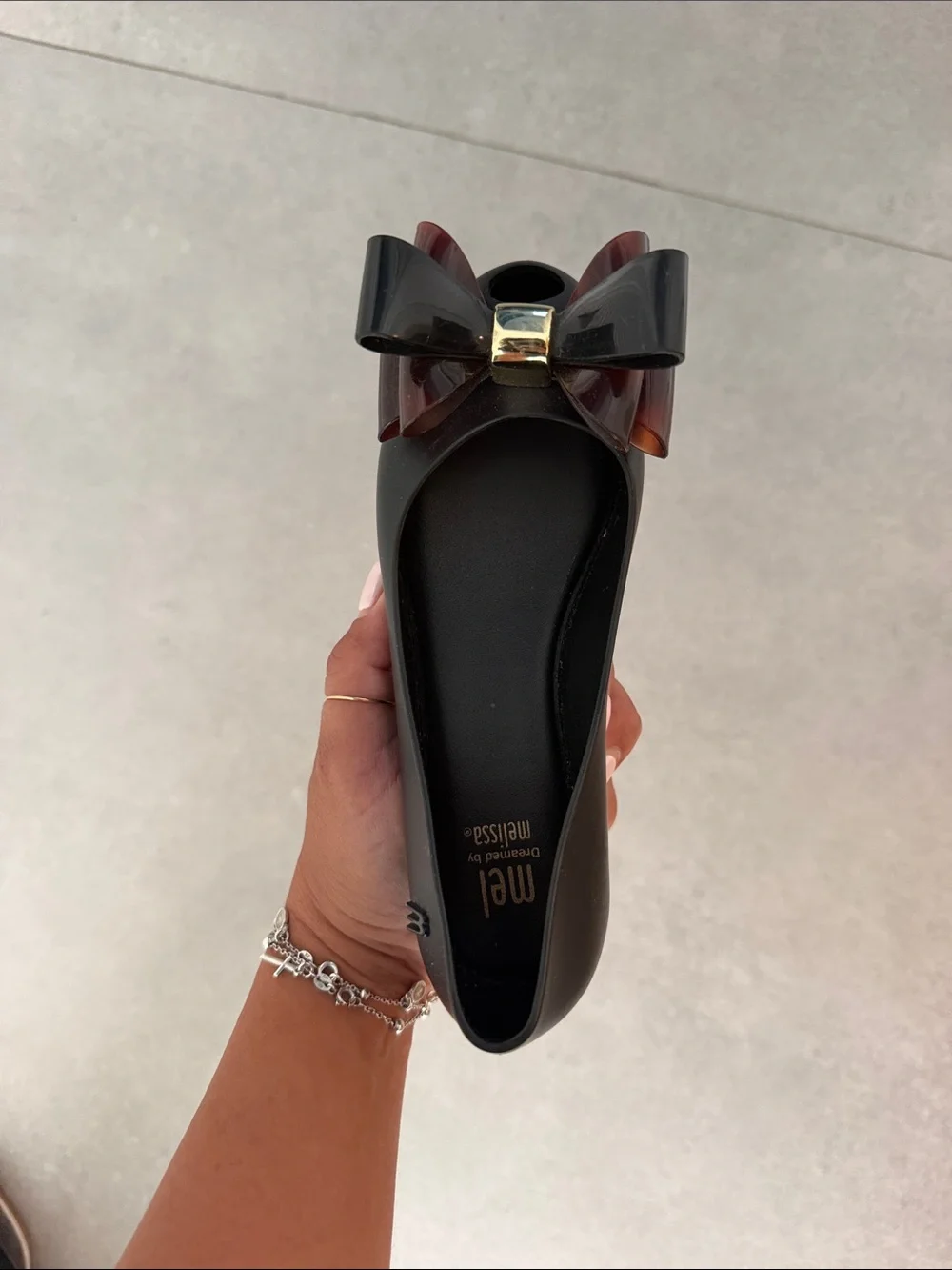 Melissa Black Ballet Flats with Tortoiseshell Bow and Gold Accent